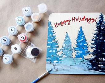 Happy Holidays PAINT BY NUMBER! Paint Kit on Wood with Glitter! Christmas Trees, Shimmer, Diy