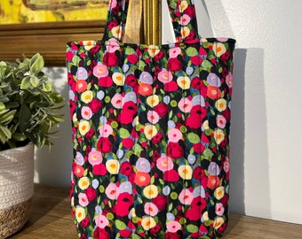 Cute Floral Poppy HandBag, Patch Quilted Cotton with Top Handles Tote Bag, Durable, Light for Laptop Commute, Great All Season Floral Gift