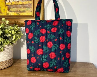 Cute Floral HandBag, Patch Quilted Cotton with Top Handles Tote Bag, Durable, Light for Laptop Commute, Great All Season Floral Gift