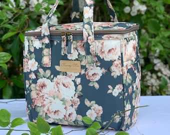 Navy Peony Lunch Bag, Insulated Floral Lunch Bag for Women,Reusable Cooler for Office,School,Outdoors,Waterproof Fabric,Ideal Holidays Gift