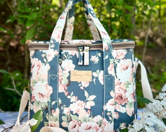 Très grand sac à lunch isolé bleu marine pivoine pour femme, glacière réutilisable pour boîte à lunch pour bureau, pique-nique, plage, extérieur. Imperméable, cadeau floral idéal