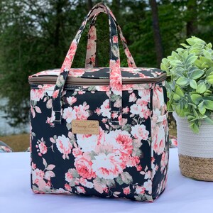 Black Peony Insulated Lunch Bag for Women,Reusable Lunch Cooler for School,Office,Outdoors,Beach,Premium Fabric,Ideal Floral Gift for BTS image 7