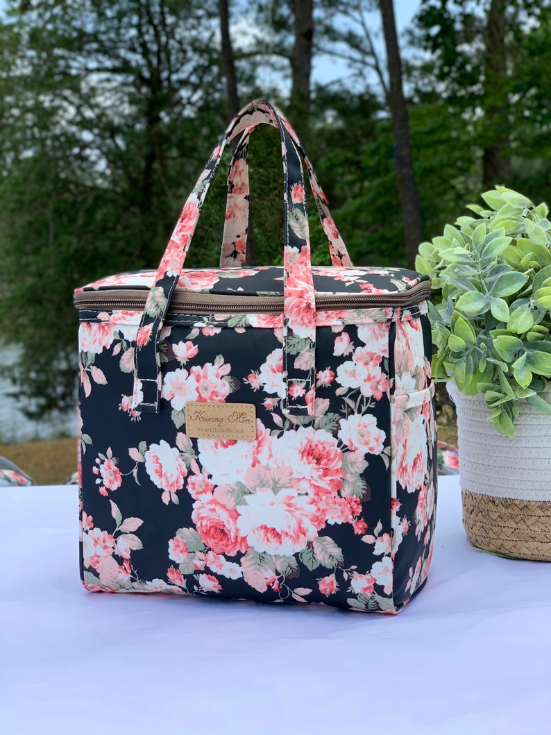 Black Peony Insulated Lunch Bag for Women,Reusable Lunch Cooler for School,Office,Outdoors,Beach,Premium Fabric,Ideal Floral Gift for BTS image 7