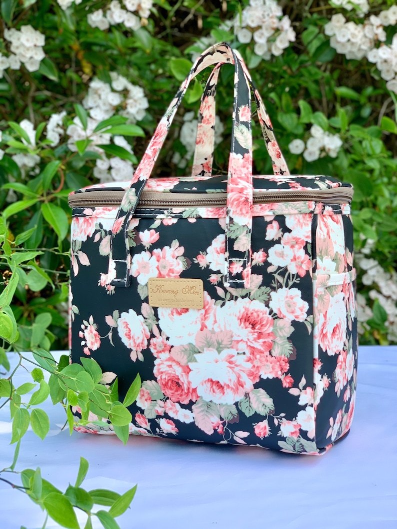 Black Peony Insulated Lunch Bag for Women,Reusable Lunch Cooler for School,Office,Outdoors,Beach,Premium Fabric,Ideal Floral Gift for BTS image 1