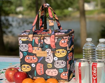 Cat Faces Insulated Lunch Bag for Women/Kids,Reusable Lunch Box Cooler for School,Office,Picnic Outdoors,Premium Fabric,Ideal Gift for BTS