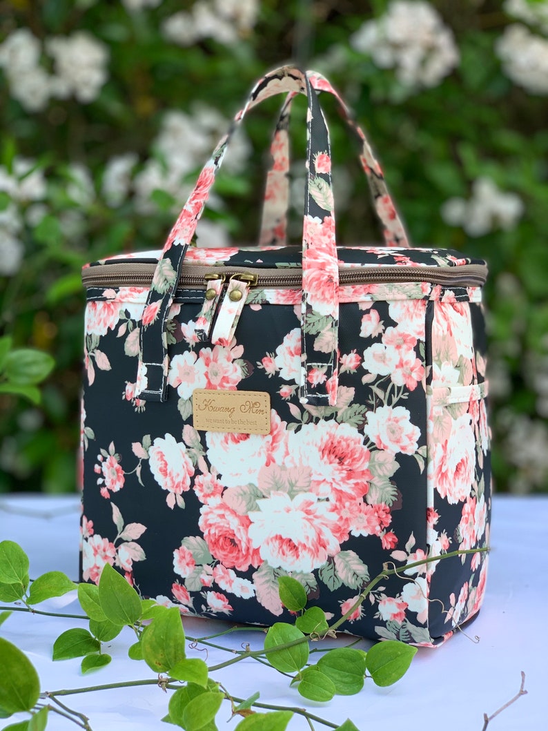 Black Peony Insulated Lunch Bag for Women,Reusable Lunch Cooler for School,Office,Outdoors,Beach,Premium Fabric,Ideal Floral Gift for BTS image 3