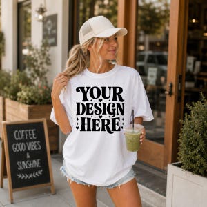 Comfort Colors 1717 Mockup | White Shirt Mockup | Coffee Run Mock Up | Matcha Lifestyle Mockup | Downtown Girl Summer | Oversized Tee Mockup