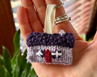 Handmade Knit Cottage Keyring: Merino Wool House Charm
