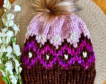 Hand Knit Merino Wool Beanie with Faux Fur Pom Pom