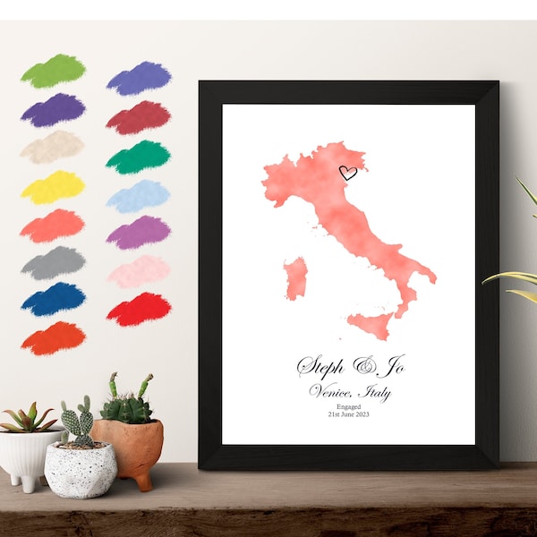 Mappa di fidanzamento personalizzata dell'Italia / Stampa di fidanzamento di qualsiasi città o paese italiano / Regalo di fidanzamento personalizzato / Regalo per la coppia