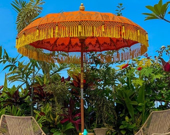 Traditional Indonesian parasol | Orange and Yellow with a golden print| Boho Style | Bali style | Ibiza style | garden decoration | 2 meters