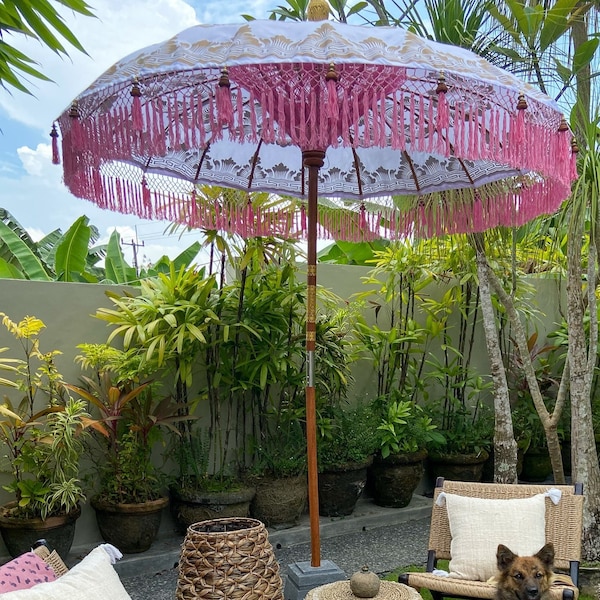 Traditional With Indonesian parasol with pink decoration and golden print| Boho Style | Bali style | Ibiza style | garden decoration