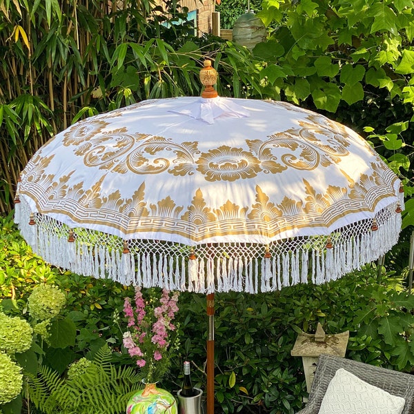 Traditional white Indonesian parasol with and golden print| Boho Style | Bali style | Ibiza style | garden decoration | 2 meters