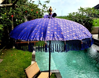 Handcrafted Balinese Garden Umbrella with White Tassels, Boho Outdoor Decor Blue and Gold Parasol