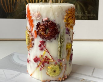 GROTE Botanische Kaars - Wildflower Pillar Candle - Bloemenhuwelijksdecor - Botanische print - Veganistisch cadeau - Ongeparfumeerde botanische kaars