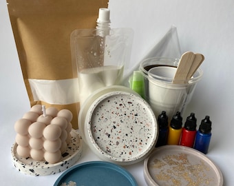 Kit Terrazzo Dessous de verre en jesmonite Kit de bricolage pour enfant | Kit de démarrage | Atelier à domicile | Outils créatifs | Pack de démarrage pour débutants | Boîte artisanale | AC100