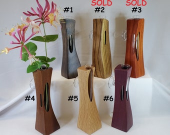 Large Bud Vase with Suction Cups on the back, Handcrafted in the USA from Domestic and Exotic Hardwoods!