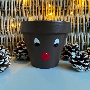 Reindeer Pot 11 cm | Christmas Planter | Hand Painted | Plant Pot With Drainage Hole | Christmas Decor | Terracotta Planter | Winter Pot