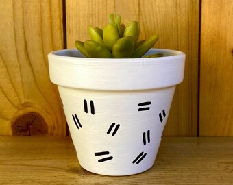 Black And White Terracotta Plant Pot | 9 cm | Striped Planter With Drainage Hole | Hand Painted | Black Stripes | Small Minimalistic Panter