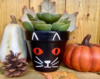 Black Cat Pot 11 cm Painted Planter | Hand Painted Terracotta | With Drainage Hole | Unique Gift | Succulent Plant pot | Halloween Gift