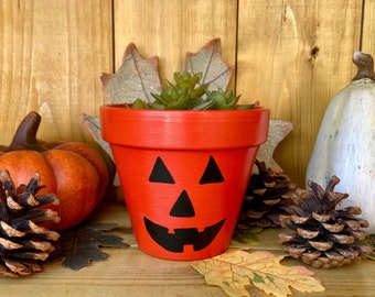 Halloween Pumpkin Pot 11 cm | Jack O' Lantern Plant Pot |Planter With Drainage Hole|Hand Painted| Pumpkin Planter Terracotta |Halloween Gift