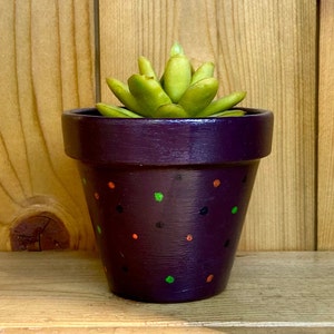 Dark Purple With Black, Green, Orange Dots 9 cm Plant Pot | Hand Painted Terracotta Pot | Planter With Drainage Hole | Small Gift| Halloween