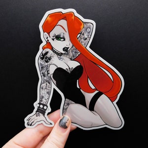 Red Head (Goth) Glitter Vinyl Sticker 4.2&quot; x 4.8&quot;