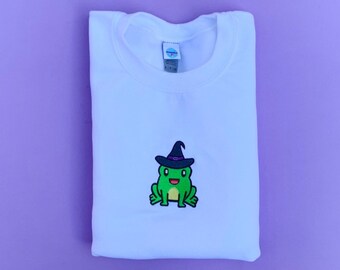 Cute Halloween Frog Witch Embroidered Sweatshirt | Frog Embroidery Sweater