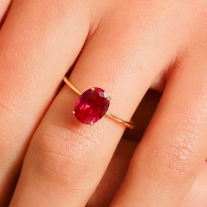 Ruby Engagement Ring 14K Solid Gold, Oval Birthstone Wedding Red Gemstone Ring