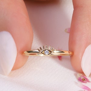 Evil Eye Diamond Ring, 14K Gold Tiny Moissanite Eyelash Rings
