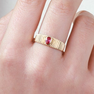 Oval Ruby Croissant Dome 14K Gold Ring, Luxury Chunky Bold Statement Band Personal Stone Thick Ribbed Rings