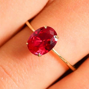 Oval Ruby Birthstone Ring 14K Solid Gold Band, Stackable Red Gemstone Ring for Women