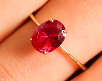 Oval Ruby Birthstone Ring 14K Solid Gold Band, Stackable Red Gemstone Ring for Women