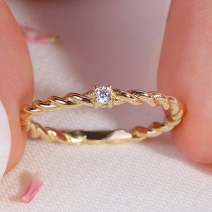 Dainty Diamond Ring 14K Gold Twist Wedding Band, Moissanite Engagement Ring Twisted Rope Band, Round Diamond Promise Ring Summer Gifts