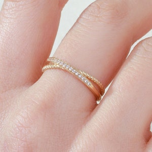 Pave X Ring Crossover Diamond Ring Engagement 14K Solid Gold Split Shank Band, Criss Cross Diamond Wedding Ring, Cross Over Double Ring