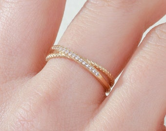 Cluster Diamond Engagement Double Ring, Moissanite Wedding Band Bride, 10K 14K 18K Gold Cz Split Shank Twisted Band, Middle Finger Ring Girl