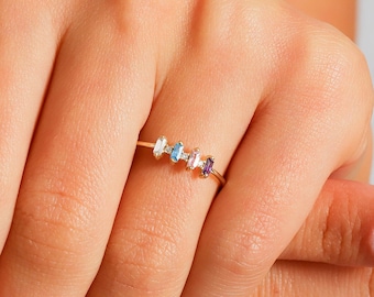 Baguette Family Birthstone Mothers Ring: 14K Solid Gold 2 3 4 5 6 Multi-Gemstone Ring