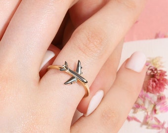 14K Solid Gold Airplane Ring, Plane Travellers Rings, Aviation Traveler Female Pilot Ring