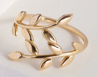 Ivy Leaf Stacking Gold Ring Women, Minimalistic Tree Branch Shaped Band, 10K 14K 18K Solid Gold Floral Flower Ring Girl, Delicate Daily Ring