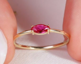 Marquise Ruby Ring 14K Solid Gold Band, Red Ruby Birthstone Ring Solitaire Stone Rings Marquise-Cut Ruby Birth Stone Ring for Women