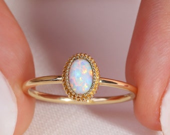 Oval Opal Gold Ring, 14K Dainty October Birthstone Multicolor Stacking Band, 18K Gemstone Mystical Jewelry Gifted Mom, 10K Halo Gift Mother