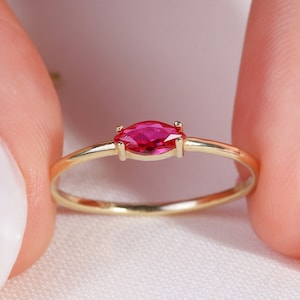 Marquise Ruby Ring 14K Solid Gold Band, Red Ruby Birthstone Ring Solitaire Stone Ring Her, Marquise-Cut Ruby Birth Stone Ring Women