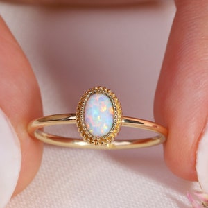 Opal Ring Gold 14K, Delicate Multicolor Opal Birthstone Stacking Ring Girl, 10K 14K 18K Gold Colorful Gemstone Jewelry, Birthmonth Ring Gift