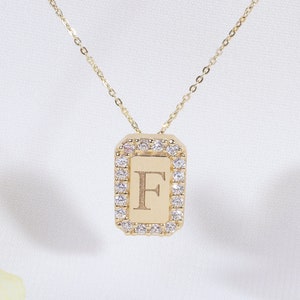 Personalized Initial Bar Tag Letter Necklace 14K Solid Gold Diamond, Vertical Bars Side Diamond Custom Word Pendant, Alphabet Necklace