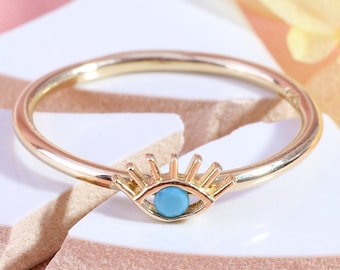 Turquoise Evil Eye Stacking Ring Gold, 10K 14K 18K Protector Jewelry, Dainty Best Friend Protection Ring, Comfortable Eyelash Nazar Ring Her