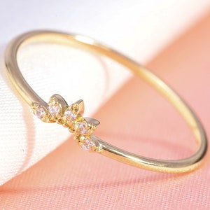 Crown Ring V Shape Thin Diamond Ring 14K Solid Gold Curved Wedding Band, Moissanite Chevron Engagement Ring Women, Wishbone Promise Ring Her