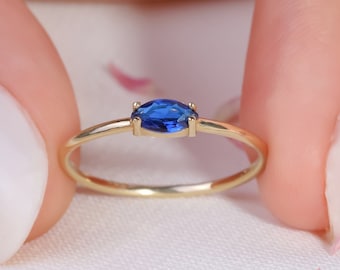 Marquise Sapphire Ring 14K Solid Gold, Marquise Birthstone Stackable Blue Sapphire Ring Women, Solo Minimalist Sapphire Birthstone Ring