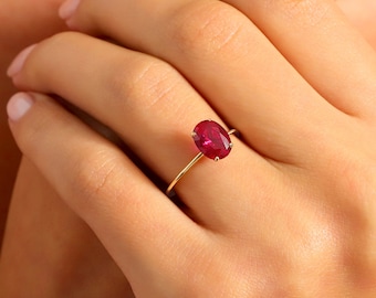 Oval Ruby Ring 14K Solid Gold Band: Birthstone Red Ruby Ring Stackable Solitaire Ring