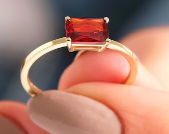 Emerald Cut Garnet Ring, 14K Solid Gold Rectangle Birthstone Rings