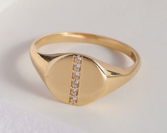 14K Gold Line Diamond Signet Ring, Thin Moissanite Thick Band,Chunky Ring Dome Multistone Pinky Rings